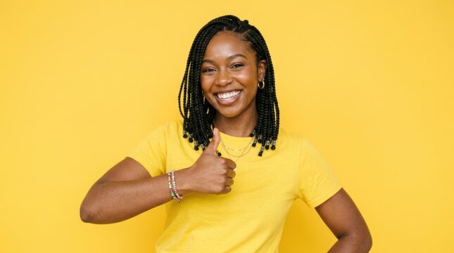 A smiling Black woman with braided hair is giving a thumbs-up gesture. She is wearing a yellow t-shirt and a beaded necklace.