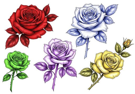 Five monochrome rose tattoo sketches featuring intricate petals and foliage arranged as isolated botanical art for creative design projects, monochrome, flash, sketch