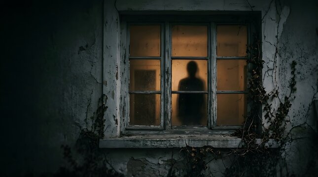 Shadowy figure standing behind a lit window in a dark building, creating suspense and mystery.