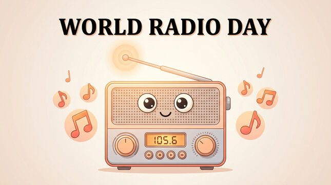 World Radio Day illustration with cute cartoon radio character and musical notes on a light background