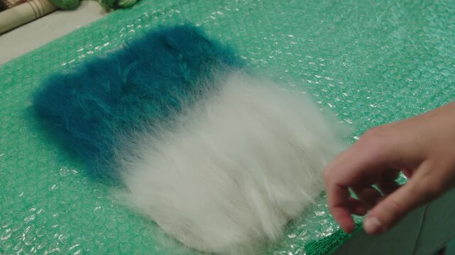 Woma's hands form basis for felted product. Natural wool for felting in blue and white colors. Hobby for housewives. Craft items