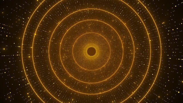 Golden circular HUD background glowing concentric rings, radial particles, and futuristic target design.