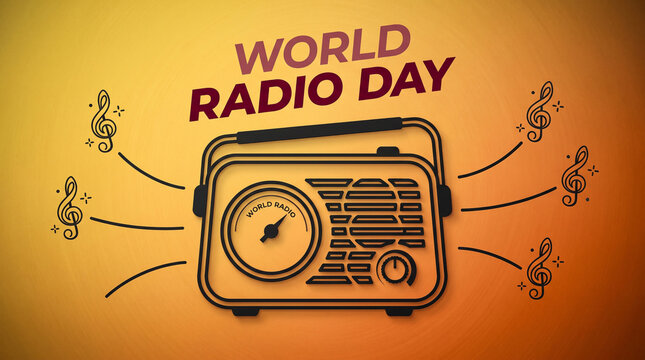 World Radio Day illustration with vintage radio outline and musical notes on warm gradient background