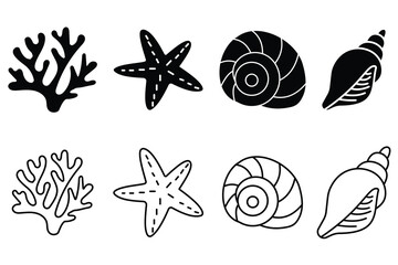 Marine seafood vector. Silhouette of oyster, Coastal, starfish, seashell, snail icon. Marine life and sea shell silhouettes. Vector illustration. © Icon Store