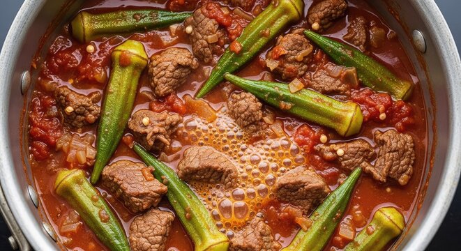 Savory stew with tender beef chunks and fresh green okra simmering in a rich tomato sauce, bubbling gently in a rustic metal cooking pot, vegetable, healthy, steam
