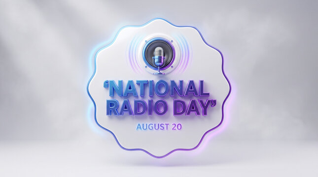 3D render of National Radio Day text with microphone and speaker on August 20, glowing with blue and purple neon light