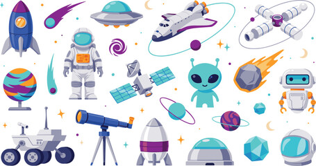Cute outer space exploration vector elements set with astronaut rocket ship alien and planet icons illustration © Monirul