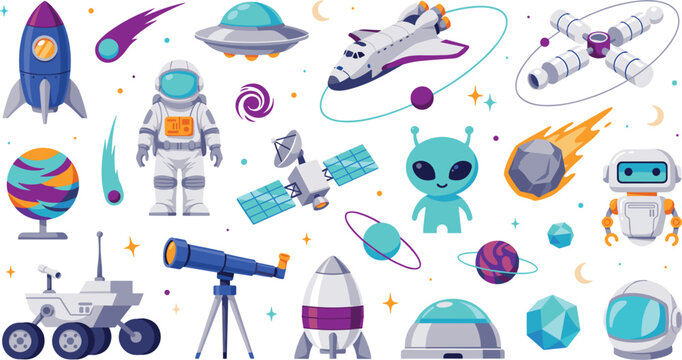 Cute outer space exploration vector elements set with astronaut rocket ship alien and planet icons illustration