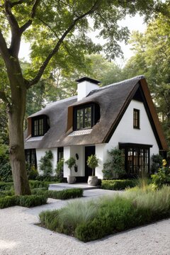 A charming house nestled within a beautiful garden filled with lush trees stands prominently during daylight, located conveniently near a winding path