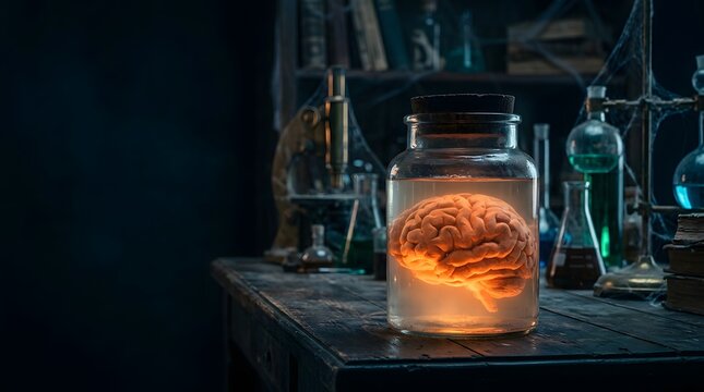 Human brain preserved in a glowing liquid jar, creating a sci-fi horror laboratory concept.