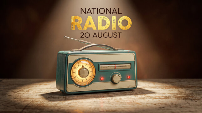 Vintage turquoise radio on wooden table with National Radio Day text and spotlight
