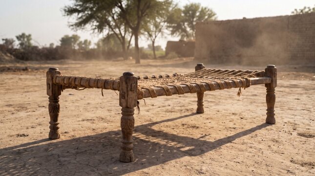 Traditional Wooden Charpai Bed in a Dusty Rural Landscape.