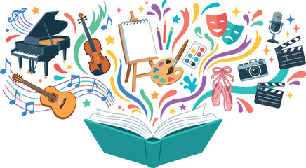 Open book with magic fine arts performance elements popping out vector illustration for creative education concept © Monirul