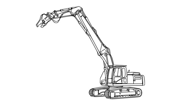 Detailed line art illustration of a heavy demolition excavator machine