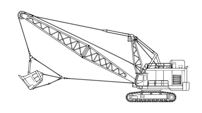 Heavy duty dragline excavator construction machinery vector line art illustration
