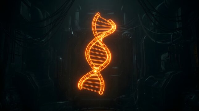 Glowing neon DNA helix floating in a dark environment, blending science and futuristic design.