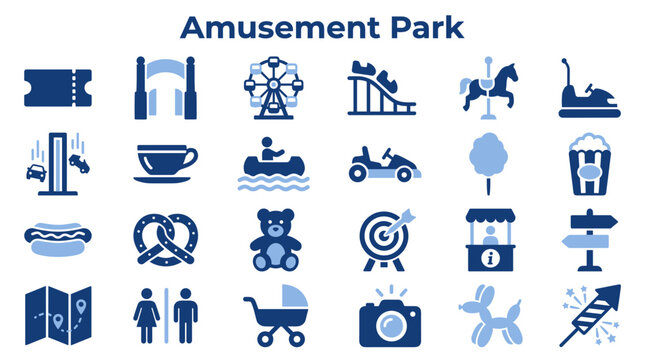 Set of amusement park icons featuring rides food and entertainment symbols for theme park design and mapping