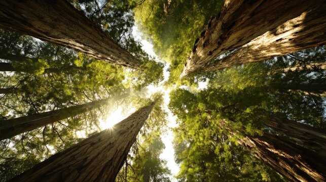 Looking Up Through Giant Redwood Forest Canopy