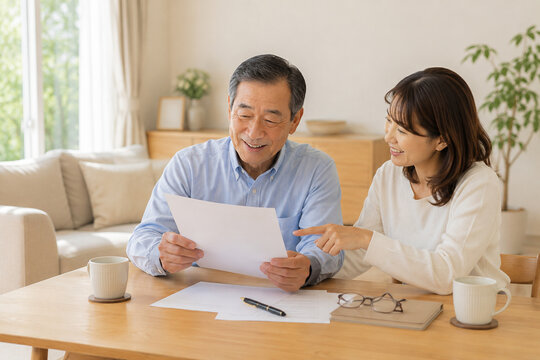 相続書類を確認しながら安心して話し合う高齢の父親と娘 相続対策・資産承継・終活のイメージ