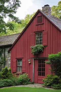 A charming red wooden house, complemented by a sturdy stone structure, is nestled within a vibrant garden that thrives in a lush green landscape, all illuminated by the bright daylight