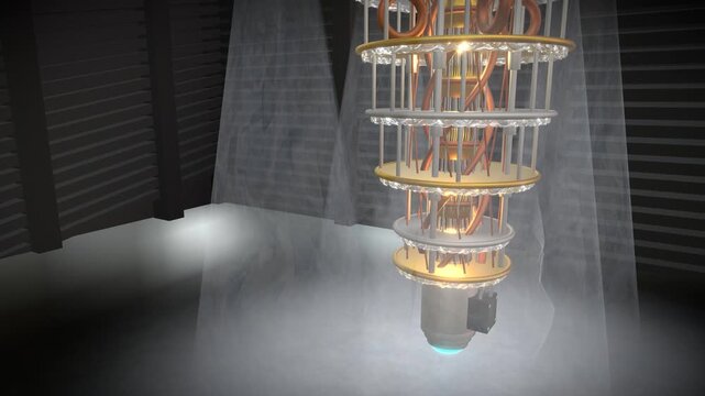 Wide elegant diagonal crane sweep capturing a quantum computer core featuring a cryogenically cooled golden processors suspended in an industrial vault, panoramic view.
