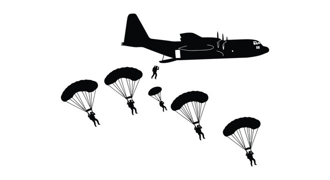 Silhouette of an airplane and parachutists descending a black vector illustration on a white background