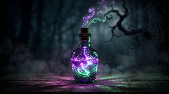 Glowing magical potion inside a glass bottle in a dark forest with mystical purple light.