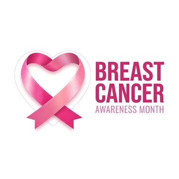 Pink ribbon heart symbol for breast cancer awareness month campaign featuring bold typography on a clean white background for medical charity and health support events