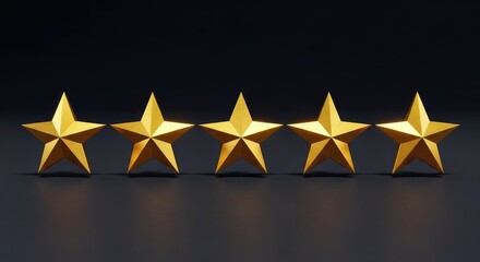 Fototapeta premium A set of five gleaming golden stars arranged in a horizontal row on a clean, dark surface, symbolizing excellence and top quality service, icon, elite, design