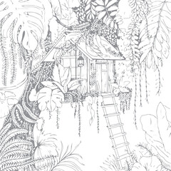Fototapeta premium Tropical Treehouse Coloring Page Line Art Illustration. Botanical Jungle Tree House Outline Graphic.