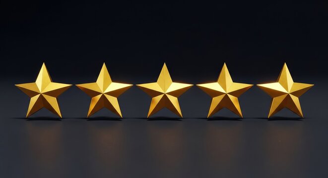 A set of five gleaming golden stars arranged in a horizontal row on a clean, dark surface, symbolizing excellence and top quality service, icon, elite, design