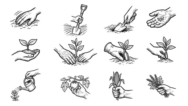 Detailed Vintage Engraving Illustration Set of Hands Engaged in Farming and Gardening Activities. Isolated Line Art Icons on a Transparent Background