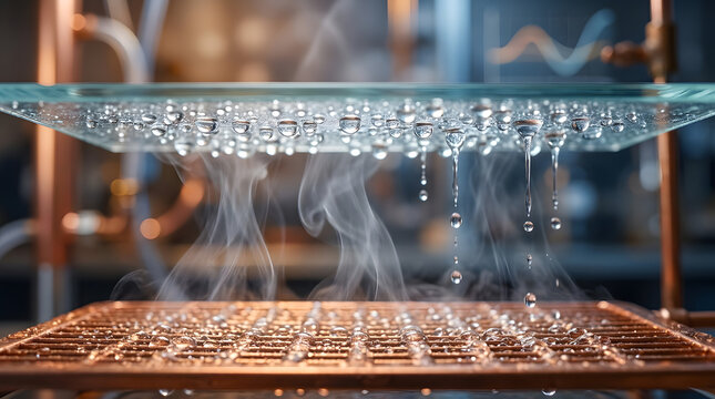 Condensation droplets on glass plate above heated copper surface