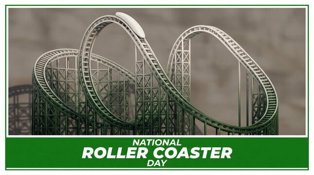 3D rendered roller coaster track with white car on a cloudy day, celebrating National Roller Coaster Day