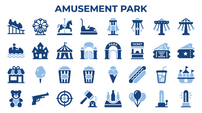 Set of amusement park icons featuring carnival rides food games and entertainment attractions in blue flat design style for mobile app and web interface elements