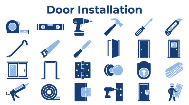 Door Installation Icons Set Featuring Construction Tools and Hardware Elements for Home Improvement and Renovation Projects