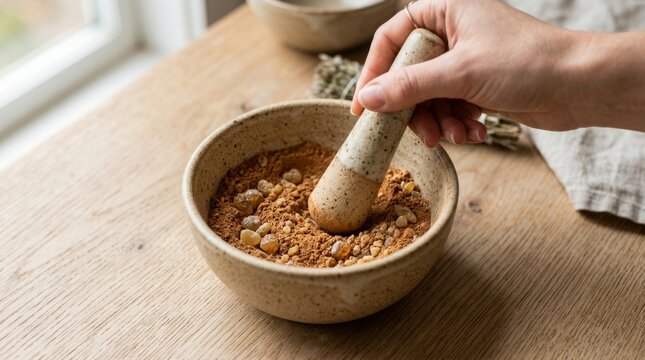 A hand grinds spices in a ceramic mortar with a pestle on a wooden table.
