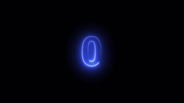 Glowing neon number 0 isolated on dark background, 3D blue illuminated digital number animation for countdown, leader, top rank, or anniversary glowing loop mathmetical number from 0 to 10 with 4k 