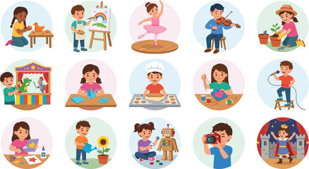 Fototapeta premium Kids Creative Hobby Activities Collection with Art Music Gardening Cooking and Learning Illustrations