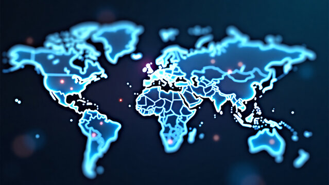 Cybersecurity network overlay on world map with corporate copy space modern design glowing nodes data streams blue tones white purple accents minimalist typography professional atmosphere