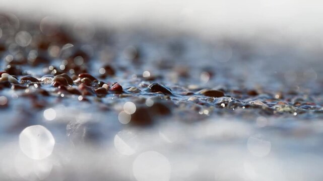 Close up of wet pebbles and sea foam on sandy beach under soft natural light with shallow focus