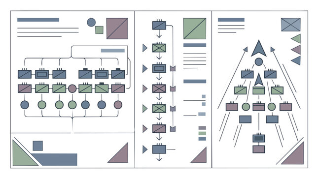 Set of abstract business organizational charts and hierarchical flow diagrams with geometric shapes