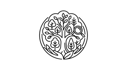 Clean Minimalist Black and White Tree of Life with Magnifying Glass and Forest Elements with high quality professional line art symbols for modern creative design and digital branding projects © alif