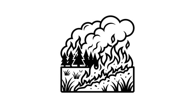 Professional Black and White Forest Fire with Burning Trees and Smoke Clouds for Stock Use with high quality professional line art symbols for modern creative design and digital branding projects