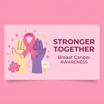 Stronger together banner design featuring a pink ribbon symbol and raised hands to promote support and solidarity during the annual breast cancer awareness month event