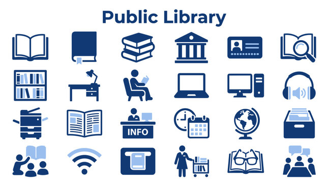 Set of public library icons featuring books computers information desk reading and educational resources for academic and community learning environments