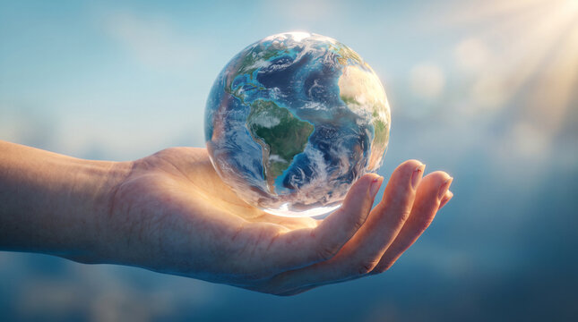 Human hand holding a glowing Earth globe against a sunny blue sky with lens flare