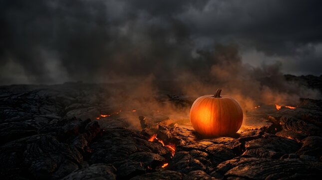 Pumpkin placed on smoldering ground with smoke and glowing embers in a dark environment.