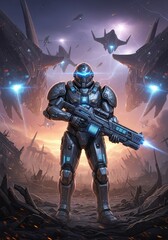 Fototapeta premium Heavy armored suit stands on a ruined battlefield with an energy weapon as massive alien ships descend through a dark and smoky atmosphere, battlefield, smoke, sparks
