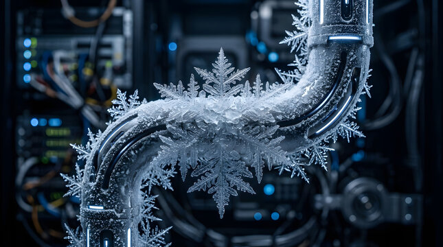 Frozen pipe with ice crystals inside computer server hardware